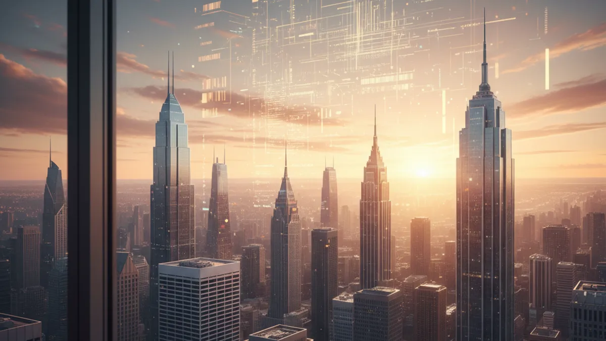 AI時代の未来の営業環境を象徴する都市の夜明け